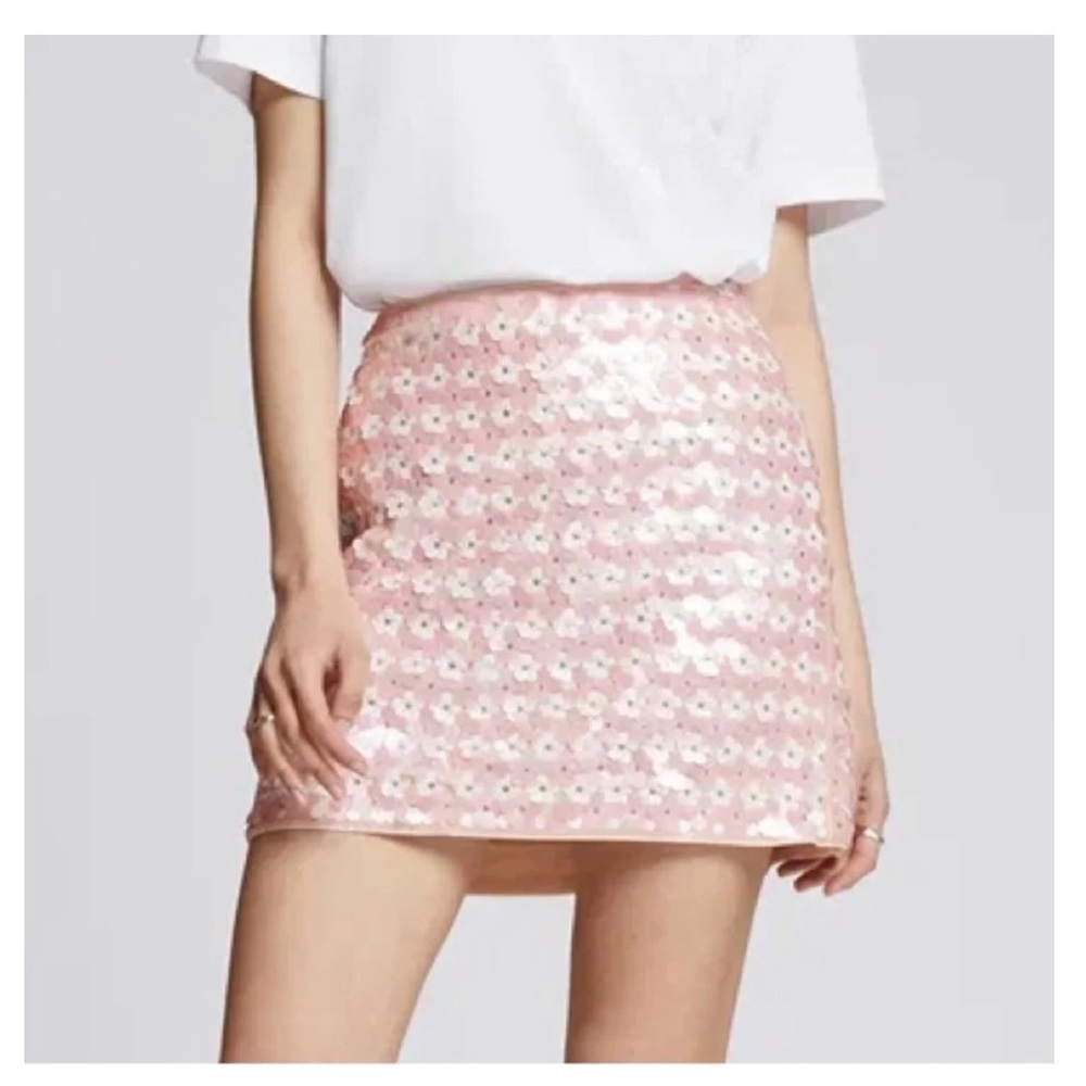 & Other Stories Pink Flower Sequin Mini Skirt
